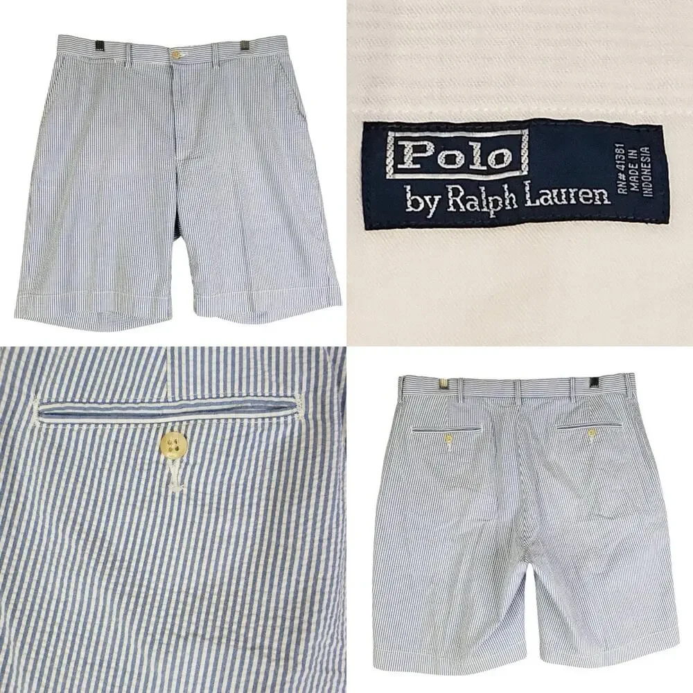 Polo Ralph Lauren Shorts Mens 36 Blue Seersucker Pleated Striped Summer Preppy